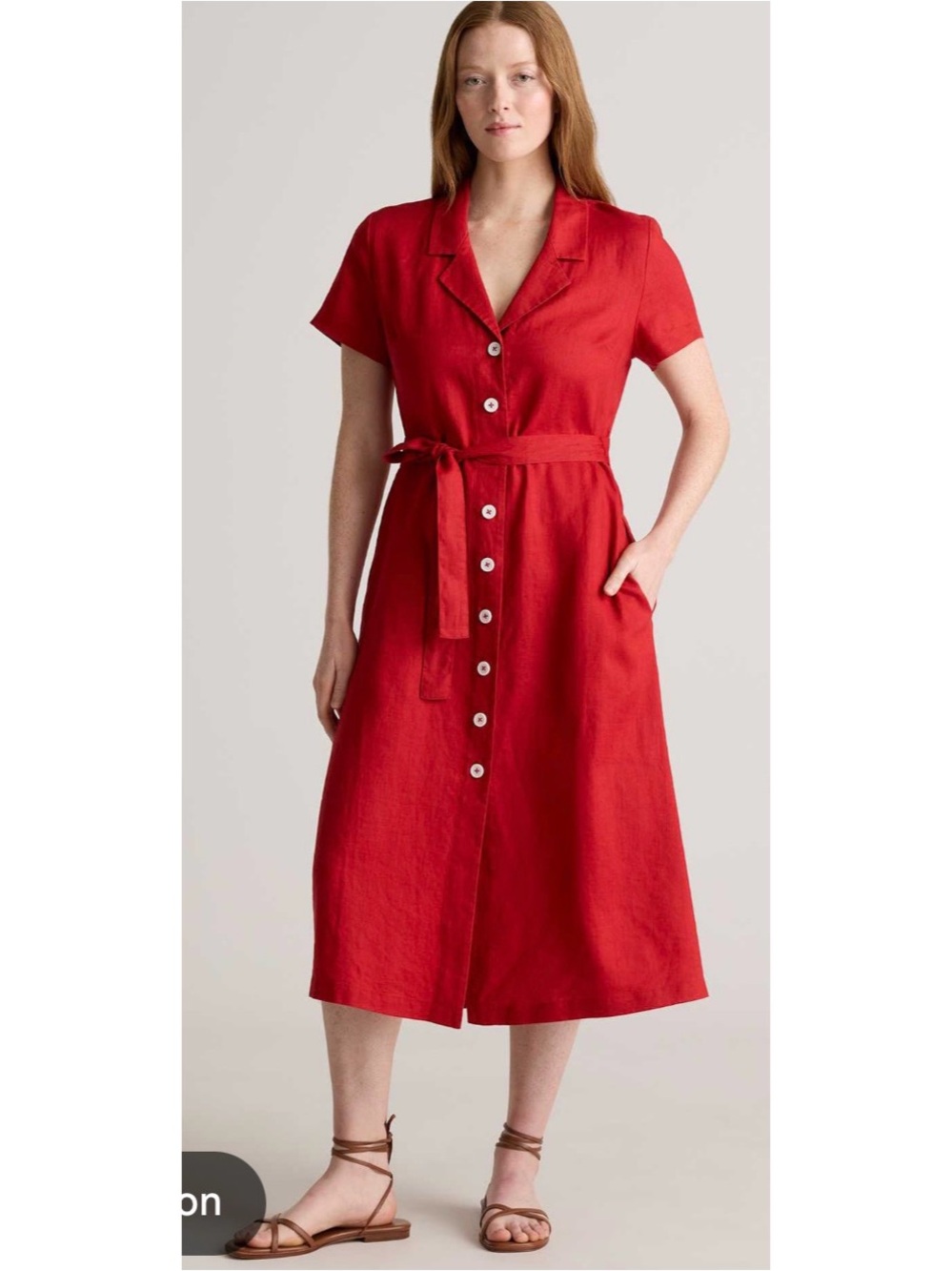 Red Button-Front Dress with Waist Tie